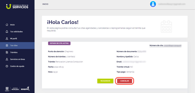 Cancelar cita Ventanilla Única Bogotá
